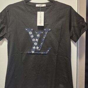 Louis Vuitton Black Tee with Embellished Blue Logo